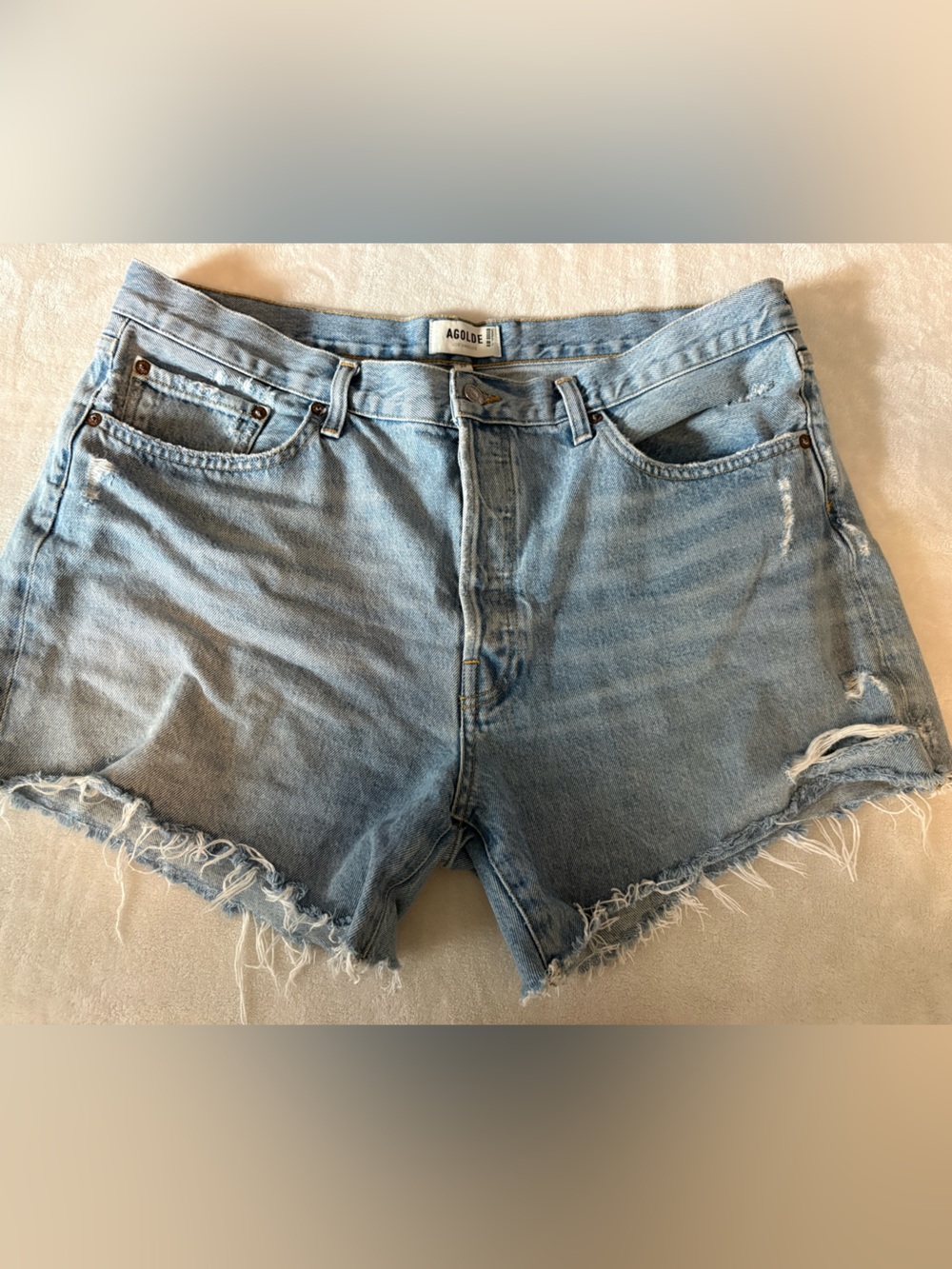 Agolde Light Wash Frayed Hem Denim Shorts